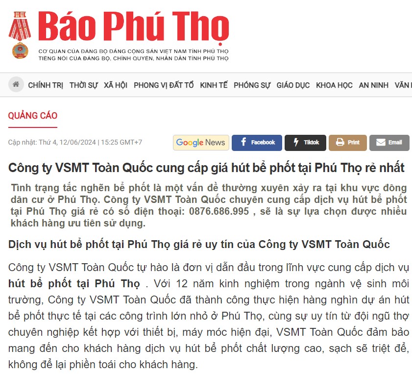 Báo Phú Thọ nói về Kiến Vệ Sinh chuyên Thông tắc cống tại Phú Thọ